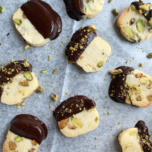 Chocolate Dipped Pistachio Shortbread Cookies