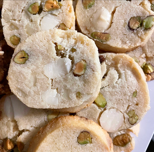 White Chocolate Macadamia Pistachio Shortbread Cookies